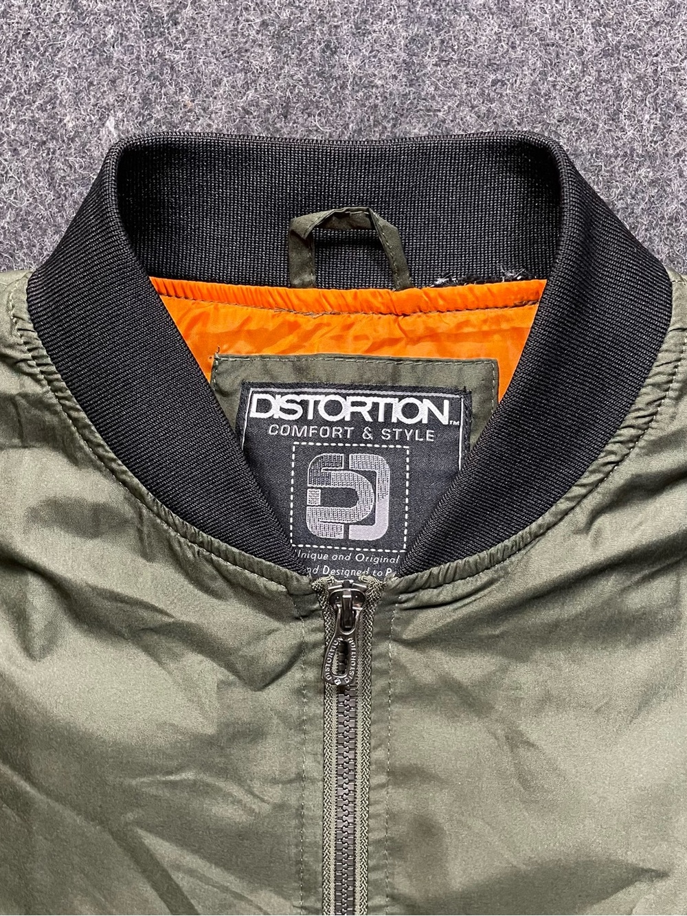 Distortion Men's Olive Bomber Jacket with Black Trim and Orange Lining